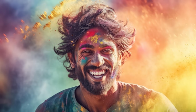 웃는 페인트의 먼지 속의 남자의 초상화 행복한 홀리 인도 개념