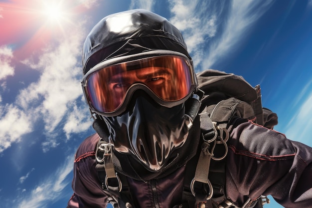 Photo portrait of a man in a gas mask on a background of blue sky a brave skydiver in the open air full face covered with masks ai generated