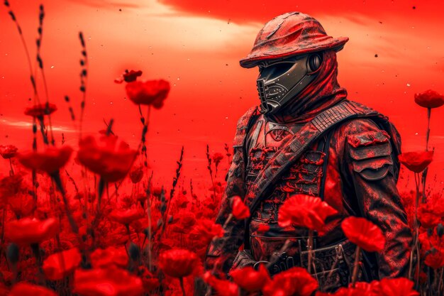 Photo portrait of a man in a gas mask on a poppy field