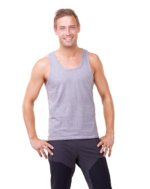 Portrait man and hands on hips for fitness studio and happy with exercise wellness in gym clothes Model usa and smile face with commitment to health body training and relax by white background