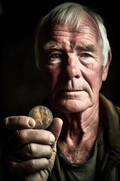 Портрет человека, поднимающего старую монету к камере, созданный с помощью генеративного искусственного интеллекта