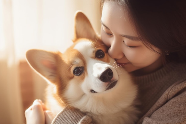 人の肖像画は可愛いコルギー犬のペットコンセプトを抱きしめる