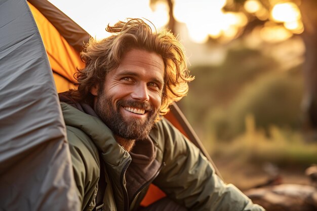Портрет человека, смотрящего в камеру возле палатки при заходе солнца