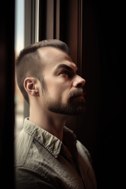 A portrait of a man looking out his window created with generative ai