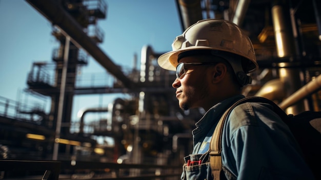 Portrait of man oil rig engineer wearing glasses in industrial plant