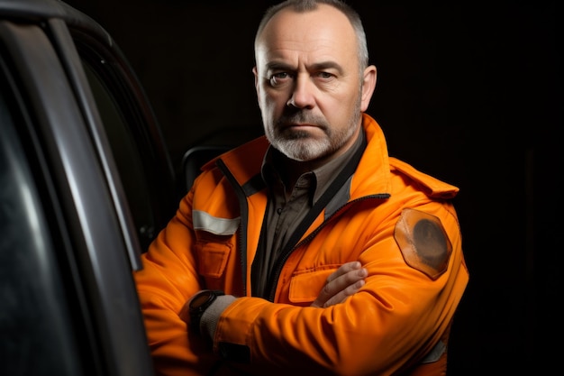 Portrait of a man in an orange hazmat suit