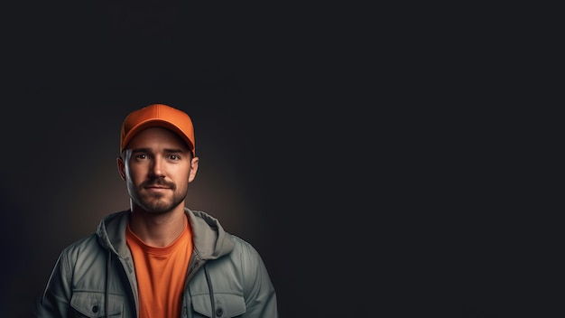 Portrait of a man in an orange peaked cap He stands in the left part of the frame against a dark ba