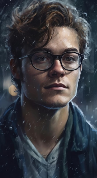 A portrait of a man in a raincoat and glasses