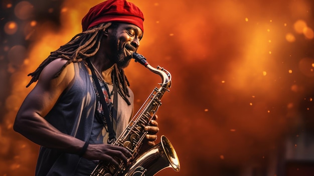 portrait of man reggae cheerful blow the saxophone