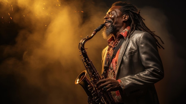 portrait of man reggae cheerful blow the saxophone