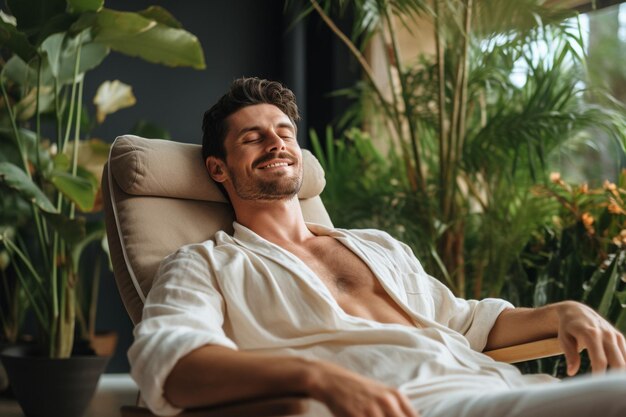 Photo portrait man relaxing at home while listening music