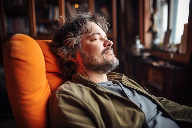 Portrait man relaxing at home while listening music