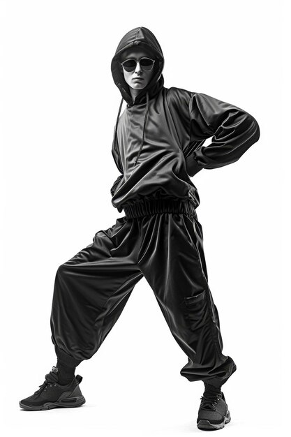 Photo portrait of a man in a retro black tracksuit from the 90s stylish hipster in a tracksuit on a white background