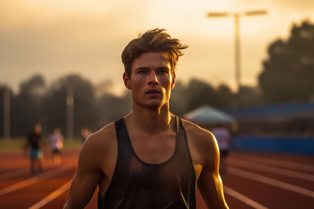 Portrait of a man runner on track stadium