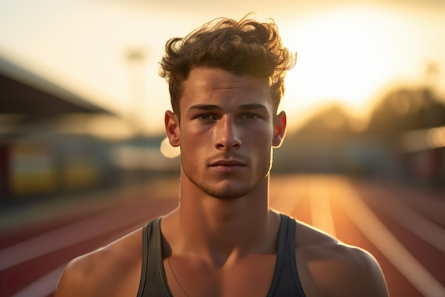 Photo portrait of a man runner on track stadium