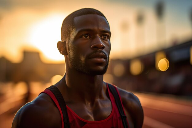 Portrait of a man runner on track stadium