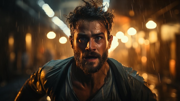 Portrait of a man running on the street in the rain