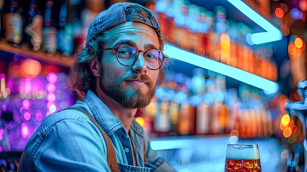 Portrait of a man sitting at a bar counter in a pub