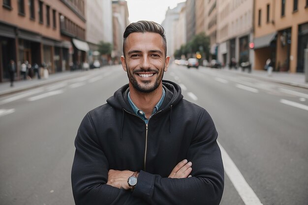 Foto ritratto di un uomo sorridente in città