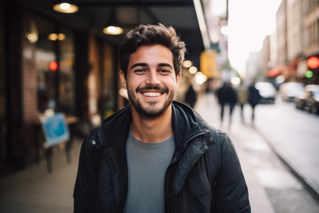 Portrait of man smiling in the city