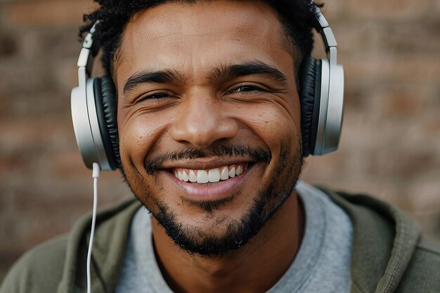 Portrait of man smiling while listening to music