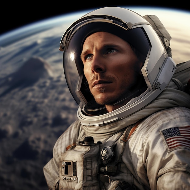 a portrait of a man in space with the words " astronaut " on the side.