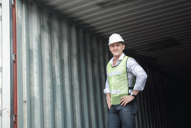 Photo portrait of man standing on metal structure