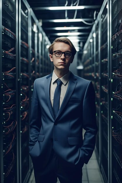 데이터 스토리지 센터의 관리자 정장을 입은 남자의 초상화 Generative AI 일러스트레이션
