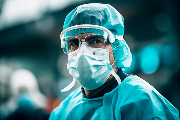 Photo portrait of a man in surgical clothing surgical cap protective glasses and mask
