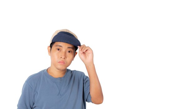 Portrait man wear cap and blue shirt isolated on white background. clipping paths.