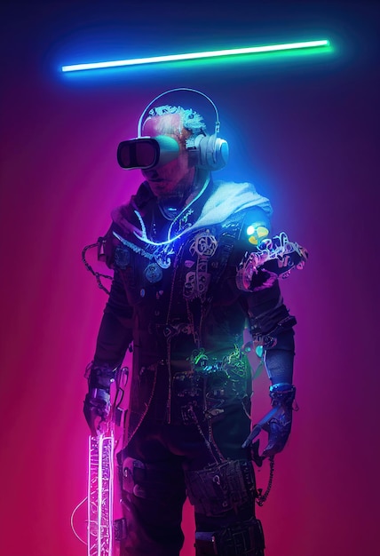 Portrait of a man wearing a cyberpunk headset and cyberpunk gear. A futuristic man from the future.