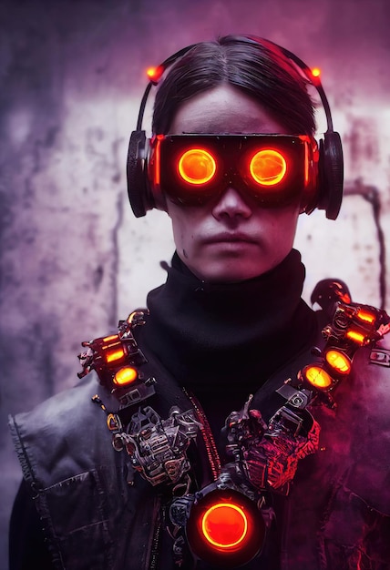 Portrait of a man wearing a cyberpunk headset and cyberpunk gear. A hightech man from the future.