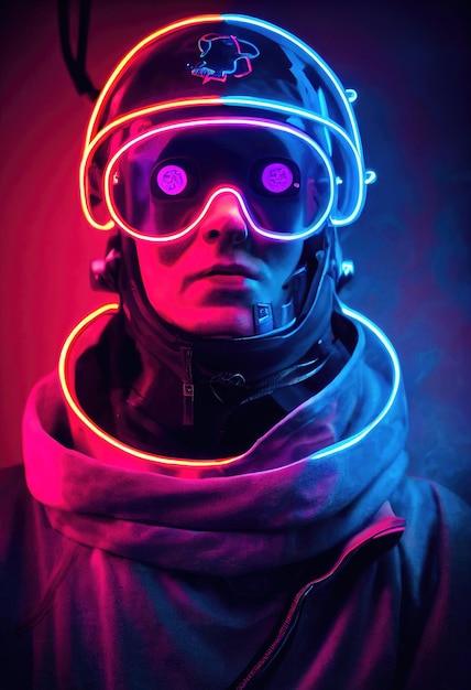 Portrait of a man wearing a cyberpunk headset and cyberpunk gear. A hightech man from the future.