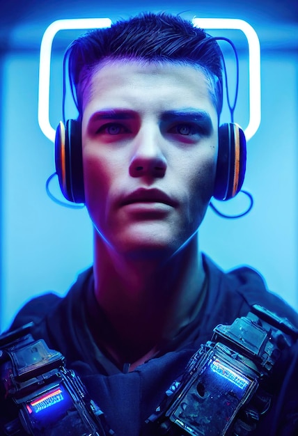 Portrait of a man wearing a cyberpunk headset and cyberpunk gear A hightech man from the future
