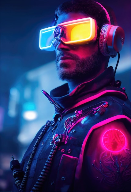 Portrait of a man wearing a cyberpunk headset neon virtual glasses and cyberpunk gear