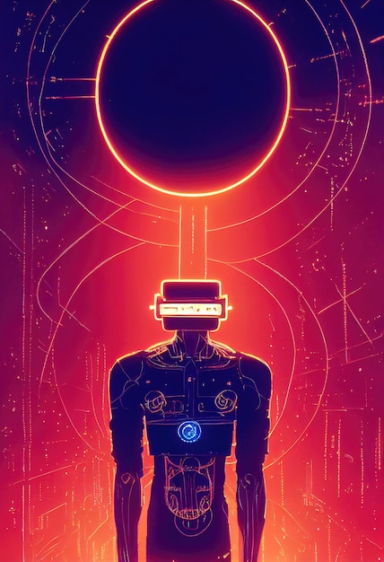 Portrait of a man wearing a cyberpunk headset neon virtual glasses and cyberpunk gear