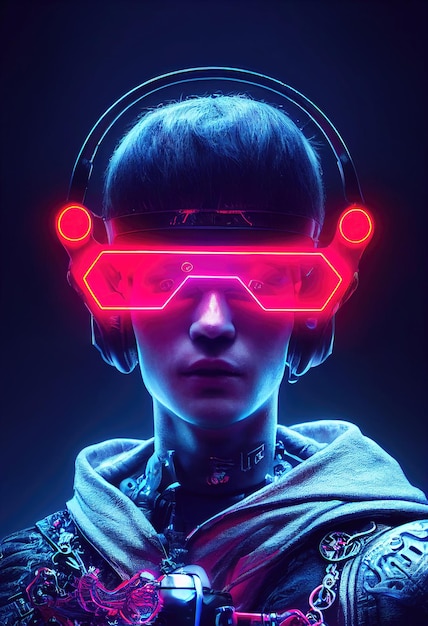 Portrait of a man wearing a cyberpunk headset neon virtual glasses and cyberpunk gear