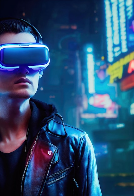 Portrait of a man wearing a cyberpunk headset neon virtual glasses and cyberpunk gear