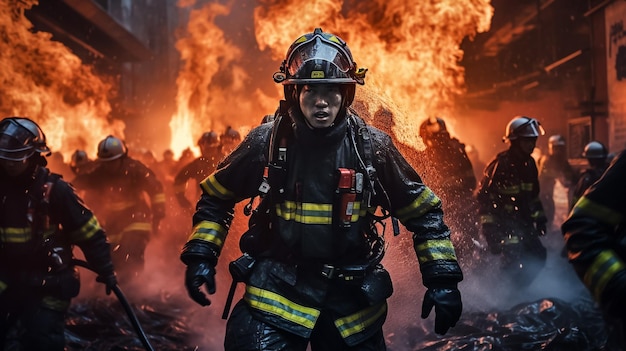 Photo portrait of man wearing fire fighter suit with fire background