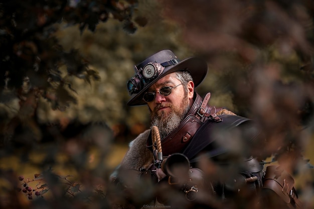 Photo portrait of man wearing hat aiming gun