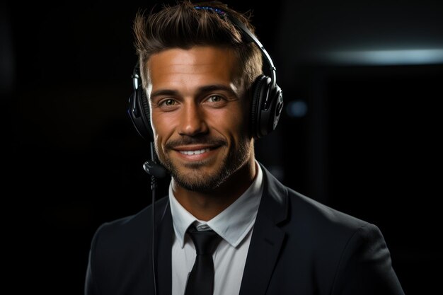 portrait of man wearing headphones calling center