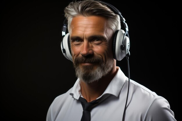 Photo portrait of man wearing headphones calling center