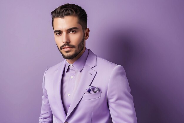 Portrait of man wearing lavender colored fashion garments for color of the year