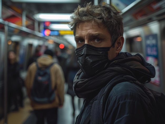 Photo portrait of a man wearing a mask on a subway platform