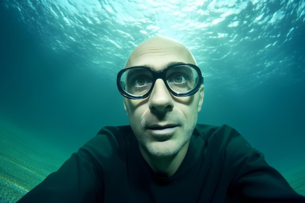 Portrait of a man in a wetsuit and glasses underwater