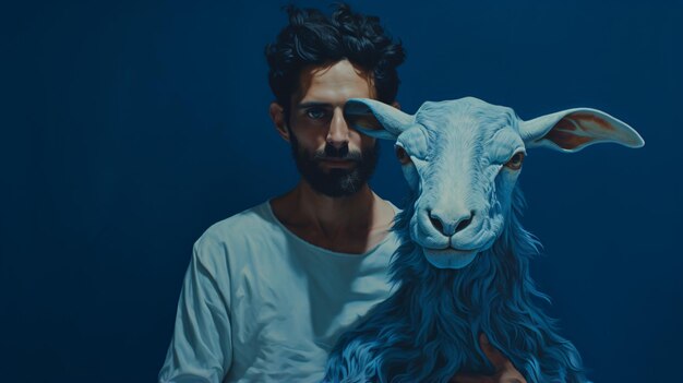 Portrait of man with animal head on blue background