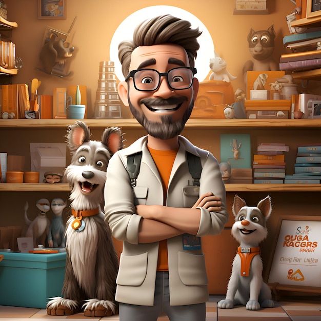 Photo portrait of a man with a beard and glasses standing with his dogs in front of him