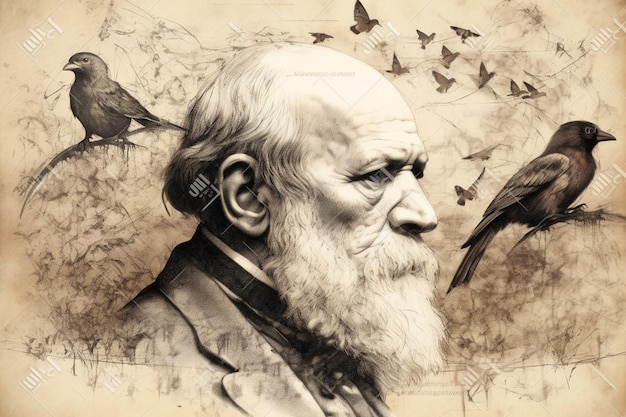 Portrait of a man with birds on the background.