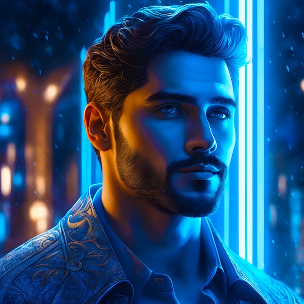 a portrait of a man with blue lights visual effects ultra hd realistic vivid colors highly detailed