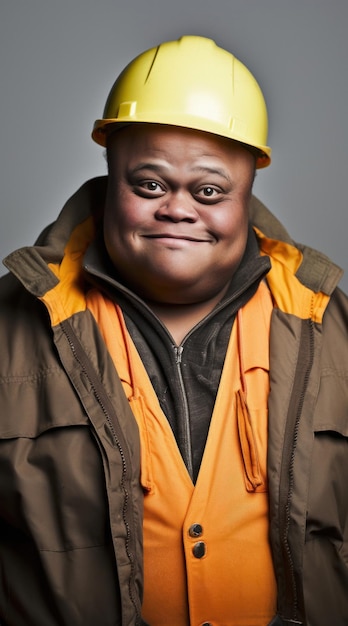 Foto ritratto di un uomo con sindrome di down in abiti da lavoro di un operaio di magazzino con un casco sulla testa generato ai